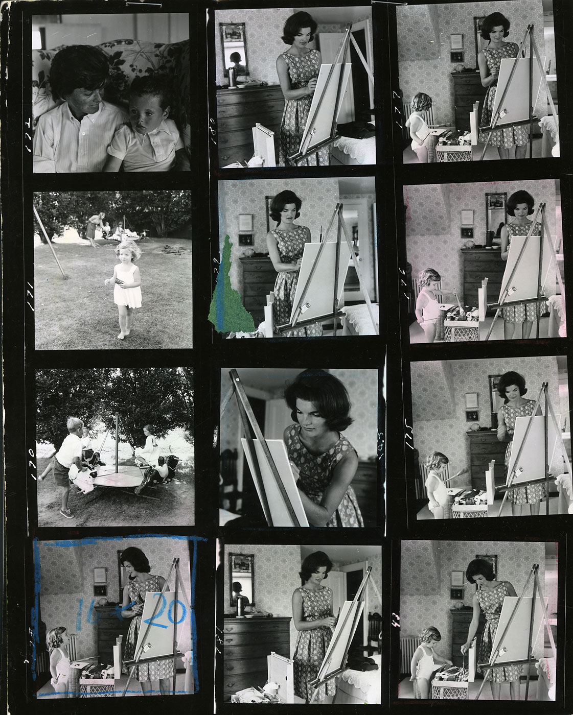 The image marked in blue in the bottom left corner of this contact sheet was used by Newseum staff to restore the photo of Jacqueline Kennedy painting for the “Creating Camelot” exhibit.