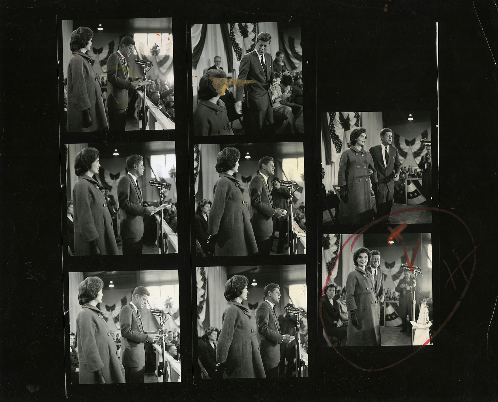 The image circled in orange on this contact sheet was used by Newseum staff to restore the image of the Kennedys at the National Guard Armory in Hyannis Port, Mass., for display in the “Creating Camelot” exhibit.