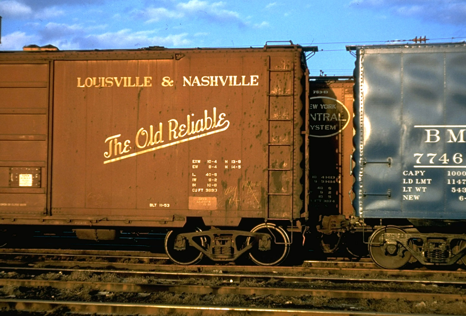 Walker Evans portrait of railroad freight cars, 1957.