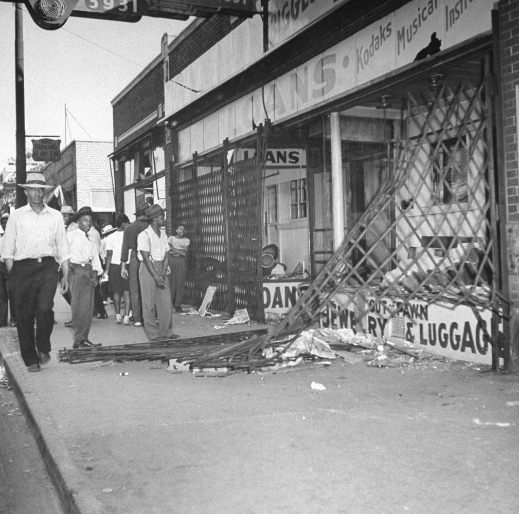 Scene after wartime race riots between blacks and whites which swept Detroit, Mich., in June 1943.