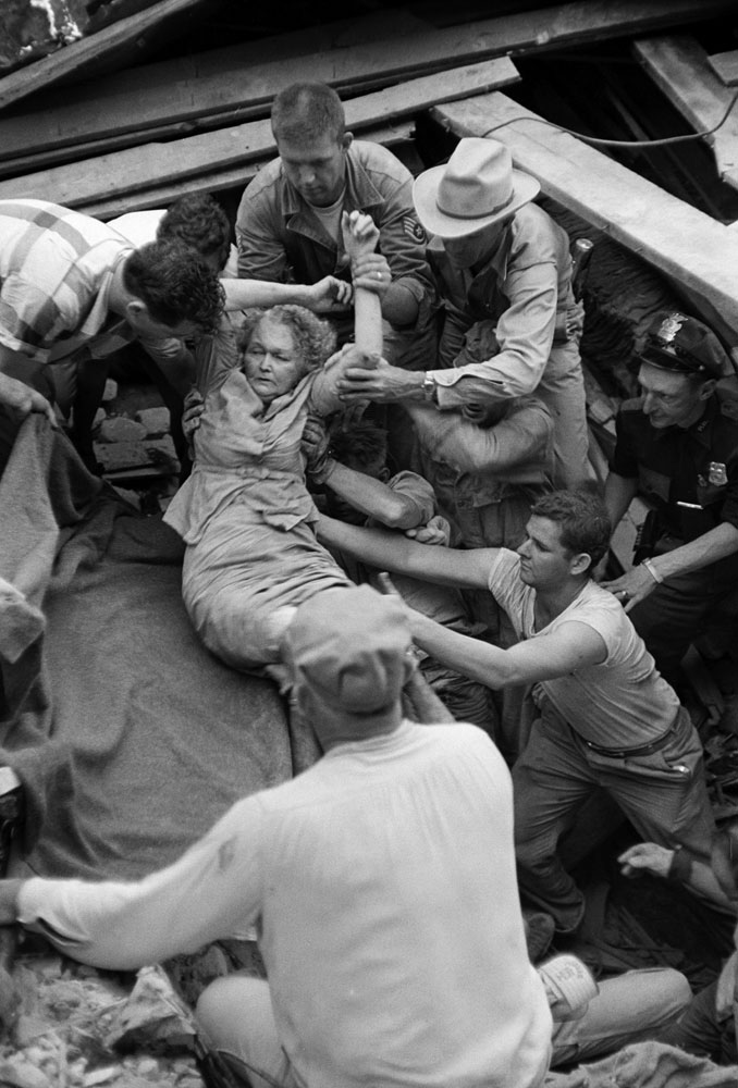 Lillie Matkin, Waco tornado survivor, is freed from rubble, May 1965.