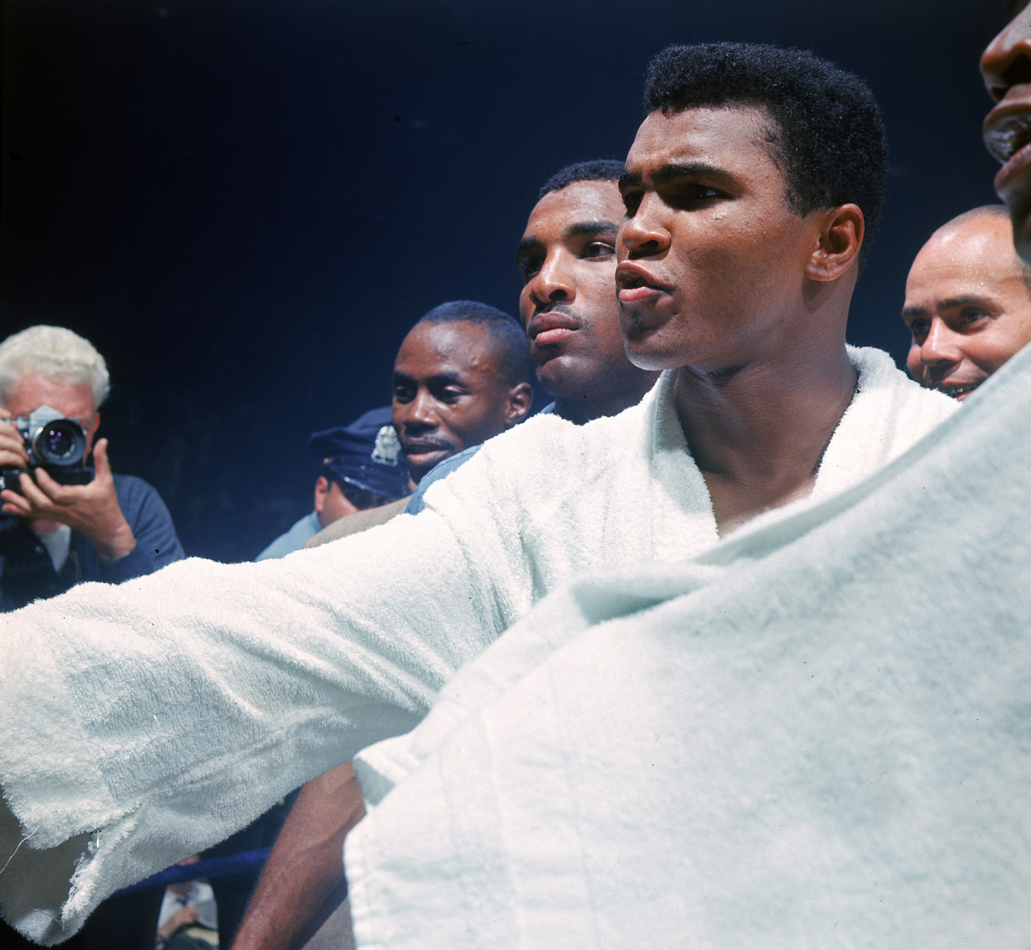 Muhammad Ali gestures before his fight with Sonny Liston, Lewiston, Maine, May 25, 1965.