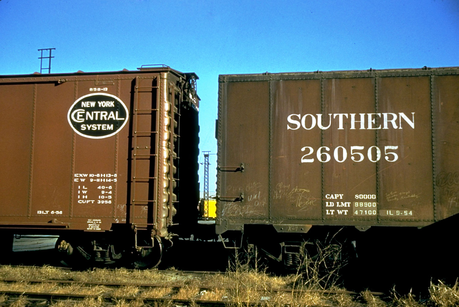 Walker Evans portrait of railroad freight cars, 1957.