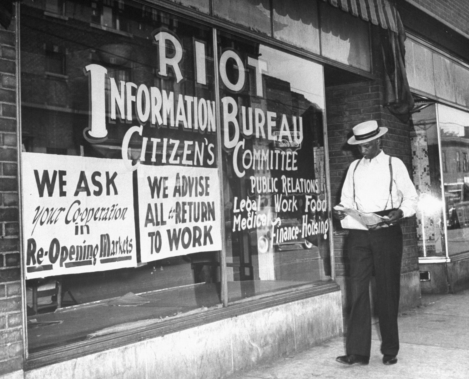 Not published in LIFE. The Hastings Street Riot Information Bureau Citizens Committee, created by African Americans using a vacant storefront after wartime race riots swept Detroit, June 1943.