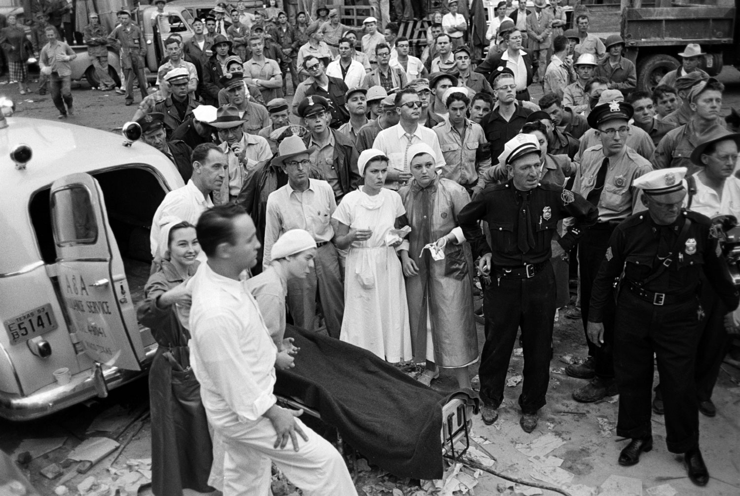 A crowd around an ambulance in the aftermath of the 1953 Waco tornado that killed 114 people.