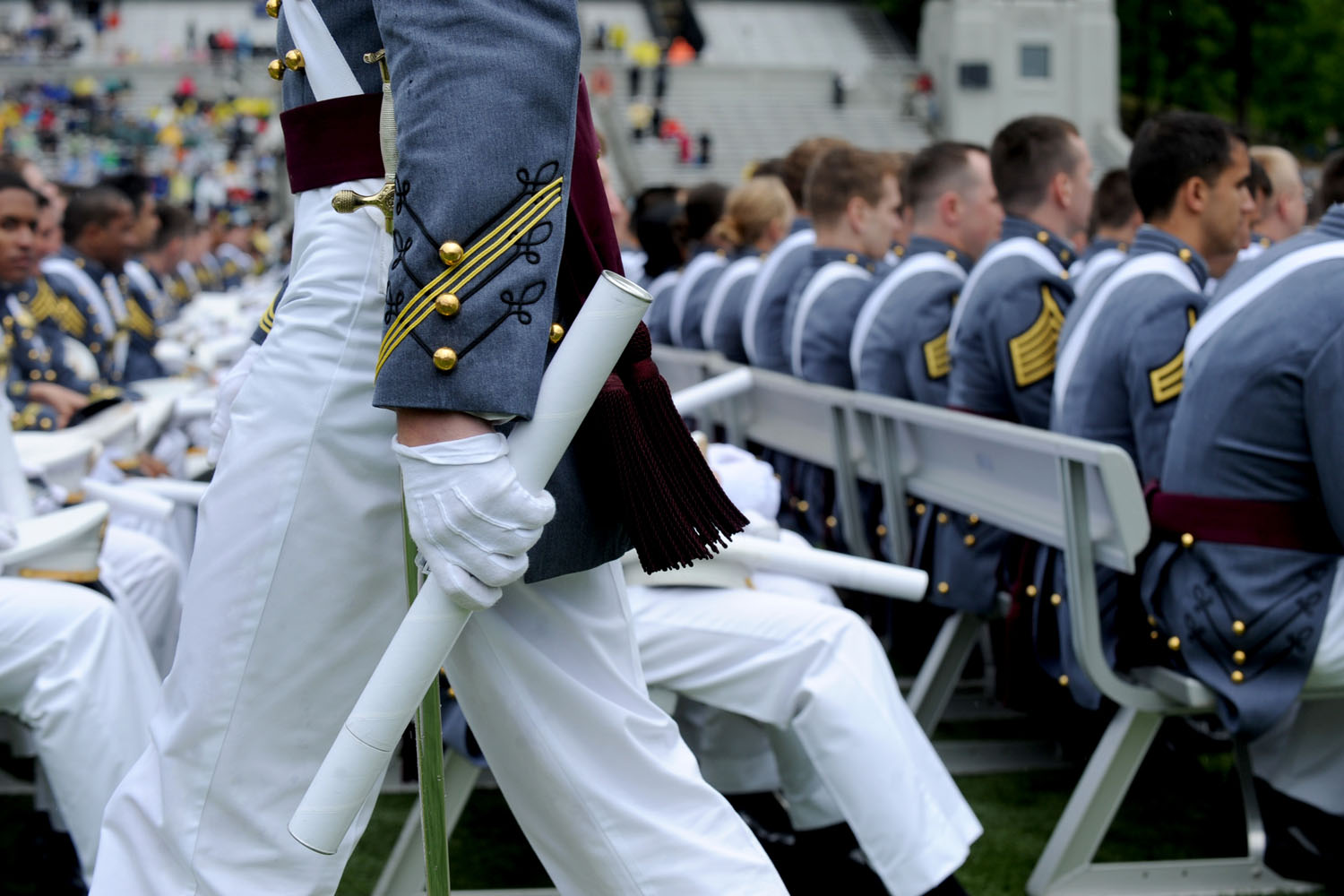 May 25, 2013. Graduating cadets listen at the United States Military Academy at West Point (USMA) during the 215 commencement ceremony in West Point, New York. Secretary of Defense Chuck Hagel delivered the commencement speech for the class of 2013.