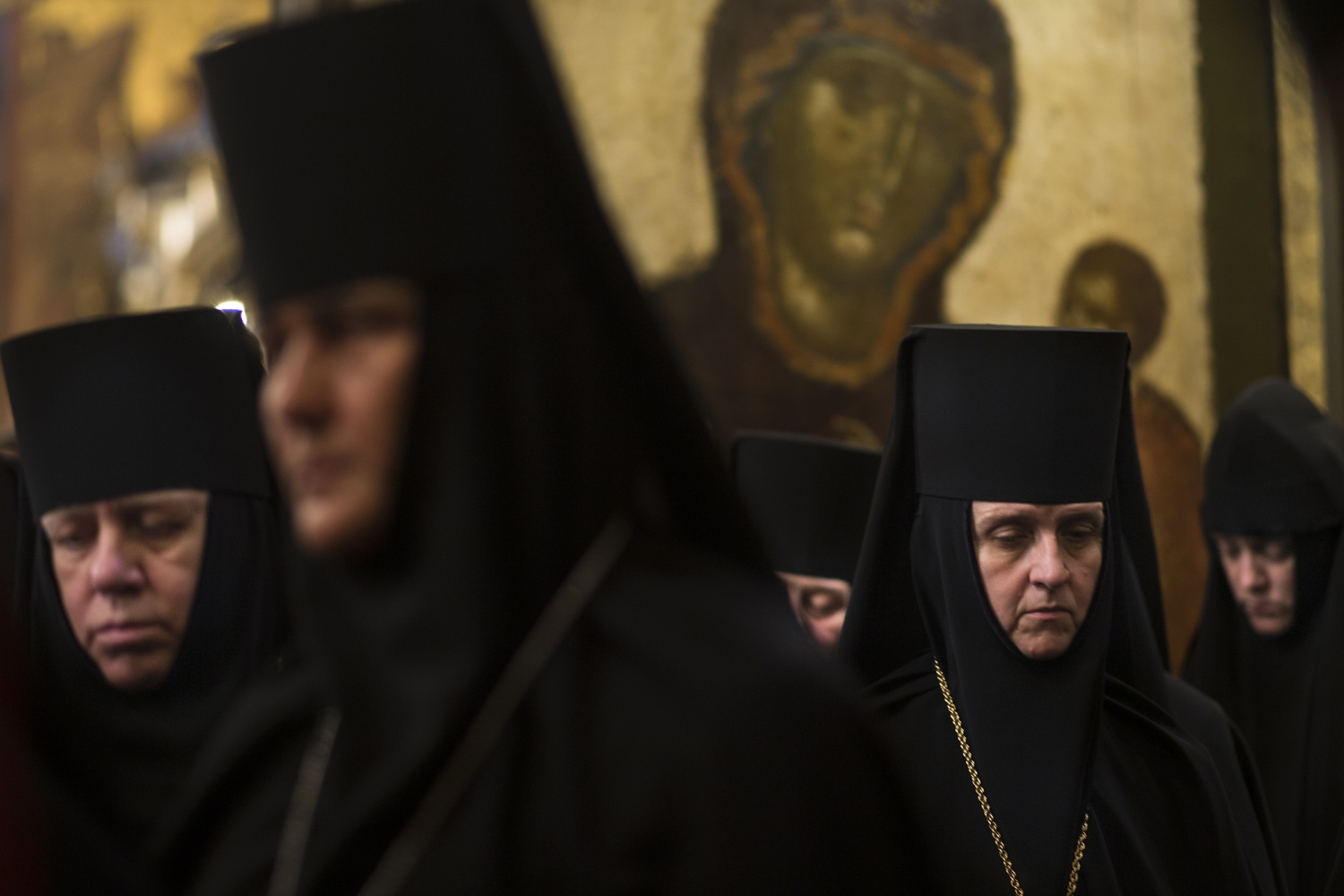 May 24, 2013. Orthodox nuns attend a service to mark the Day of St. Cyril and Methodius, founders of the Cyrillic alphabet, inside the Cathedral of the Assumption, Cathedral Square in the Kremlin in Moscow.