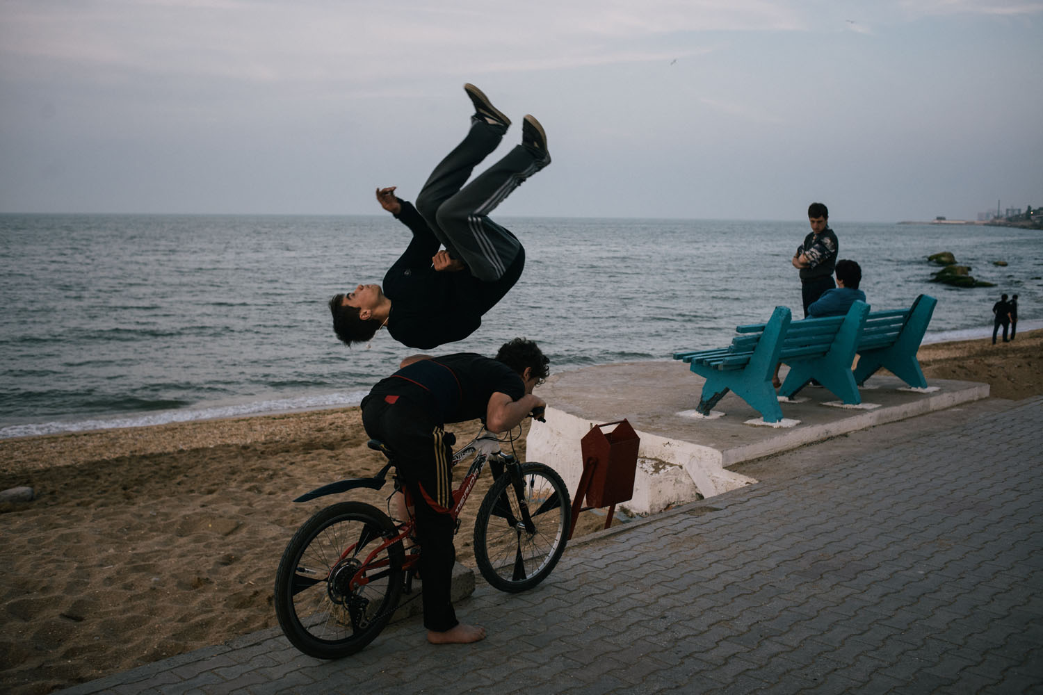 Dagestan boys Parkour at the beach in Makhachkala on May 15, 2013.