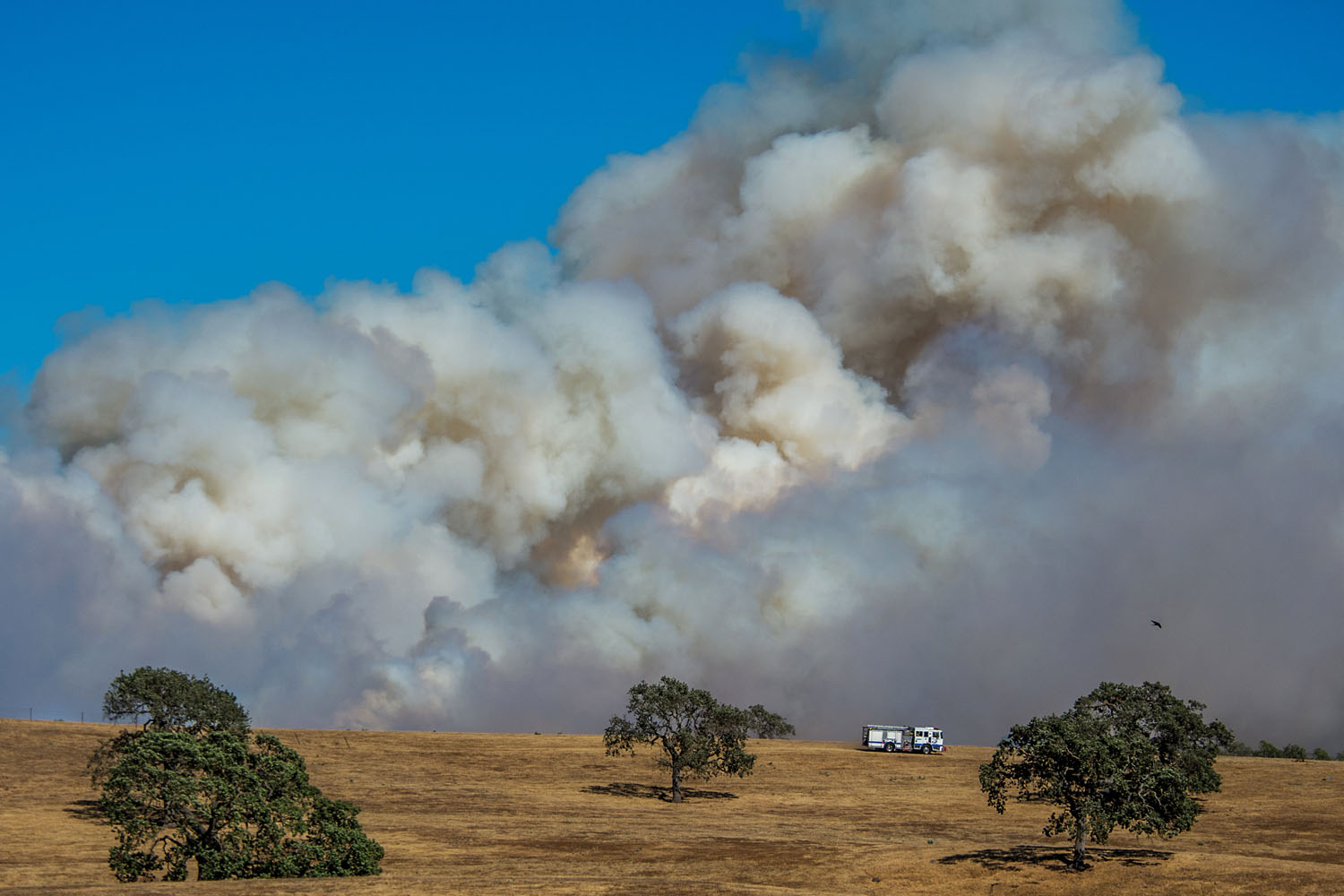 May 28, 2013. A fire truck passes by a wildfire north of Santa Barbara near Santa Ynez, California.