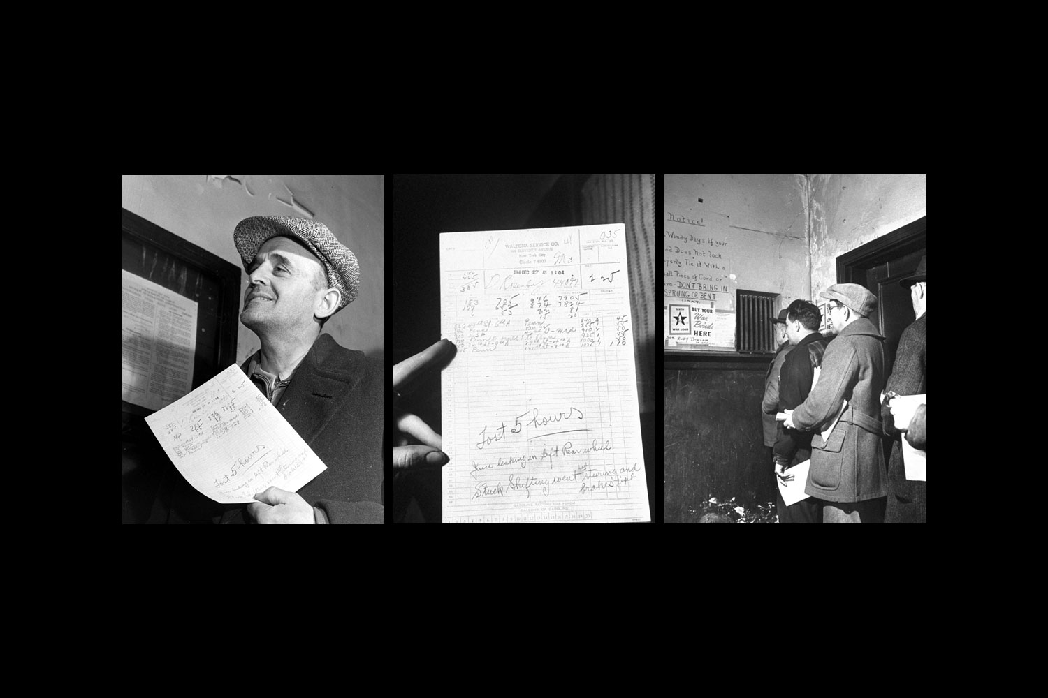Close-up of typical cab driver's report including locations and fares collected during his day's work; taxicab drivers lined up at company's garage to turn in money collected in fares during the day (right), New York City, 1944.
