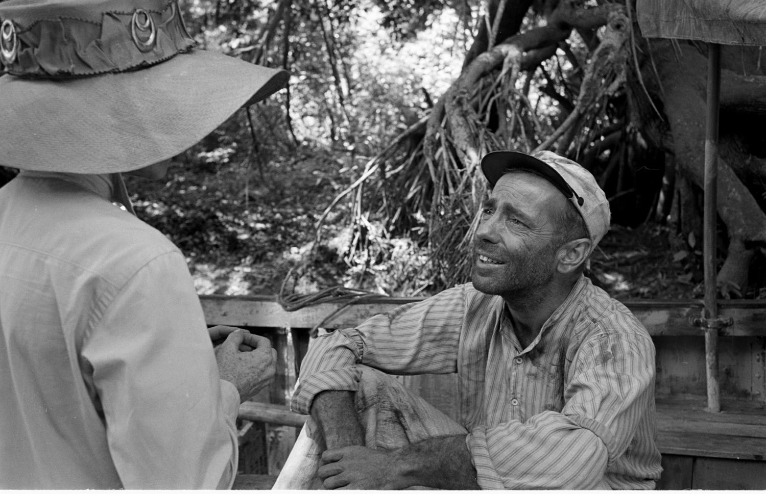 Humphrey Bogart and Katharine Hepburn on location in Africa for the filming of "The African Queen," 1951.
