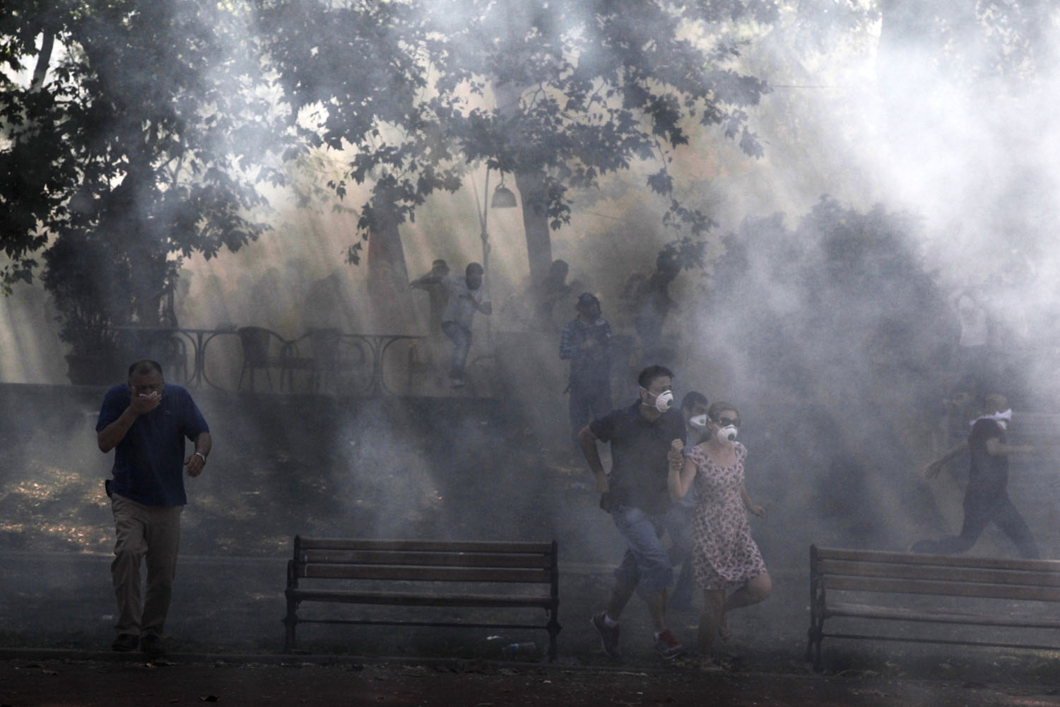 June 1, 2013. Protestors run away from tear gas at Gezi Park in Istanbul after clashes with riot police during a demonstration against the demolition of the park.