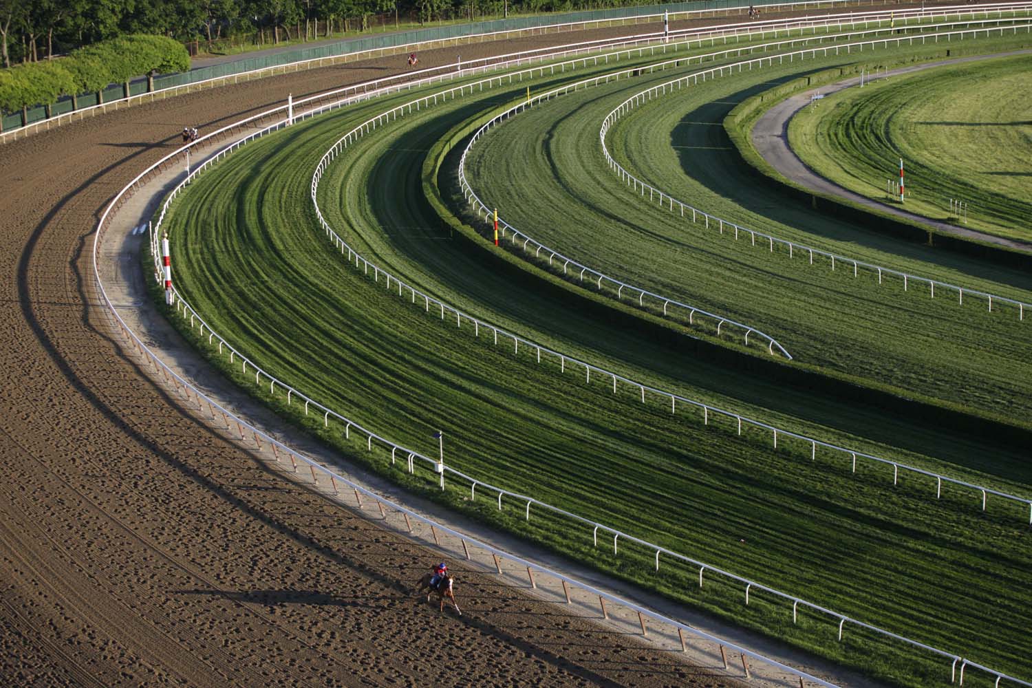 June 5, 2013. A horse gallops around the fourth turn of the 1 1/2 mile track during a morning workout at Belmont Park in Elmont, N.Y. The Belmont Stakes horse race is Saturday.