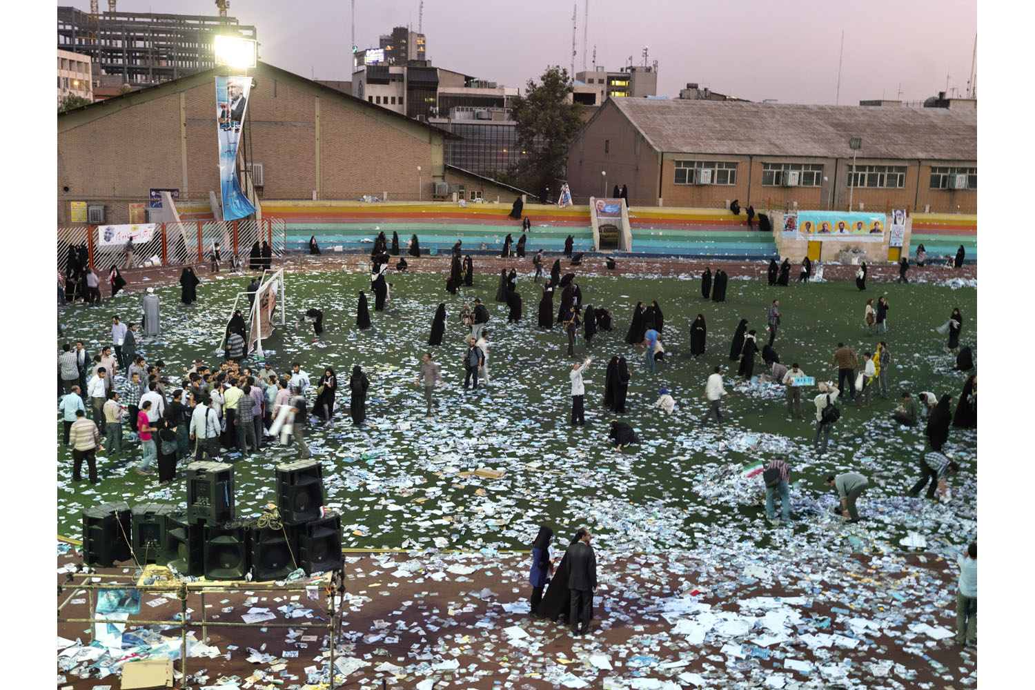 Leaflets and campaign paraphernalia litter the floor of Heidarnia Stadium in Tehran after a rally just days before the presidential vote on June 14.