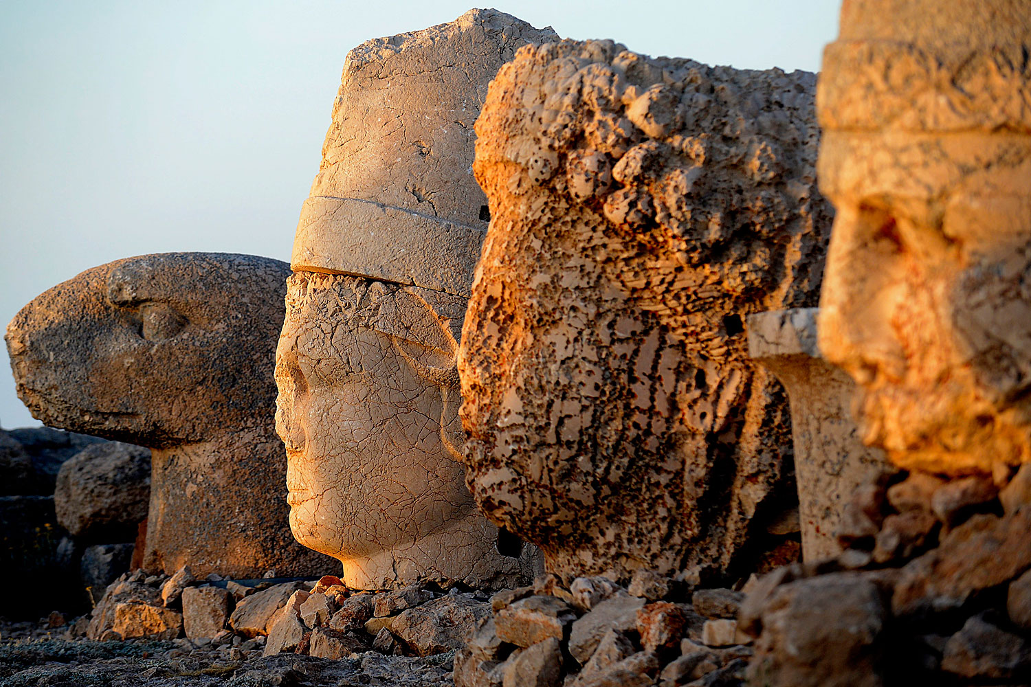 July 1, 2013. Huge statues are pictured in the early morning hours at the tomb-sanctuary of King Antiochus on top of Mount Nemrut near Adiyaman, southeastern Anatolia, Turkey.