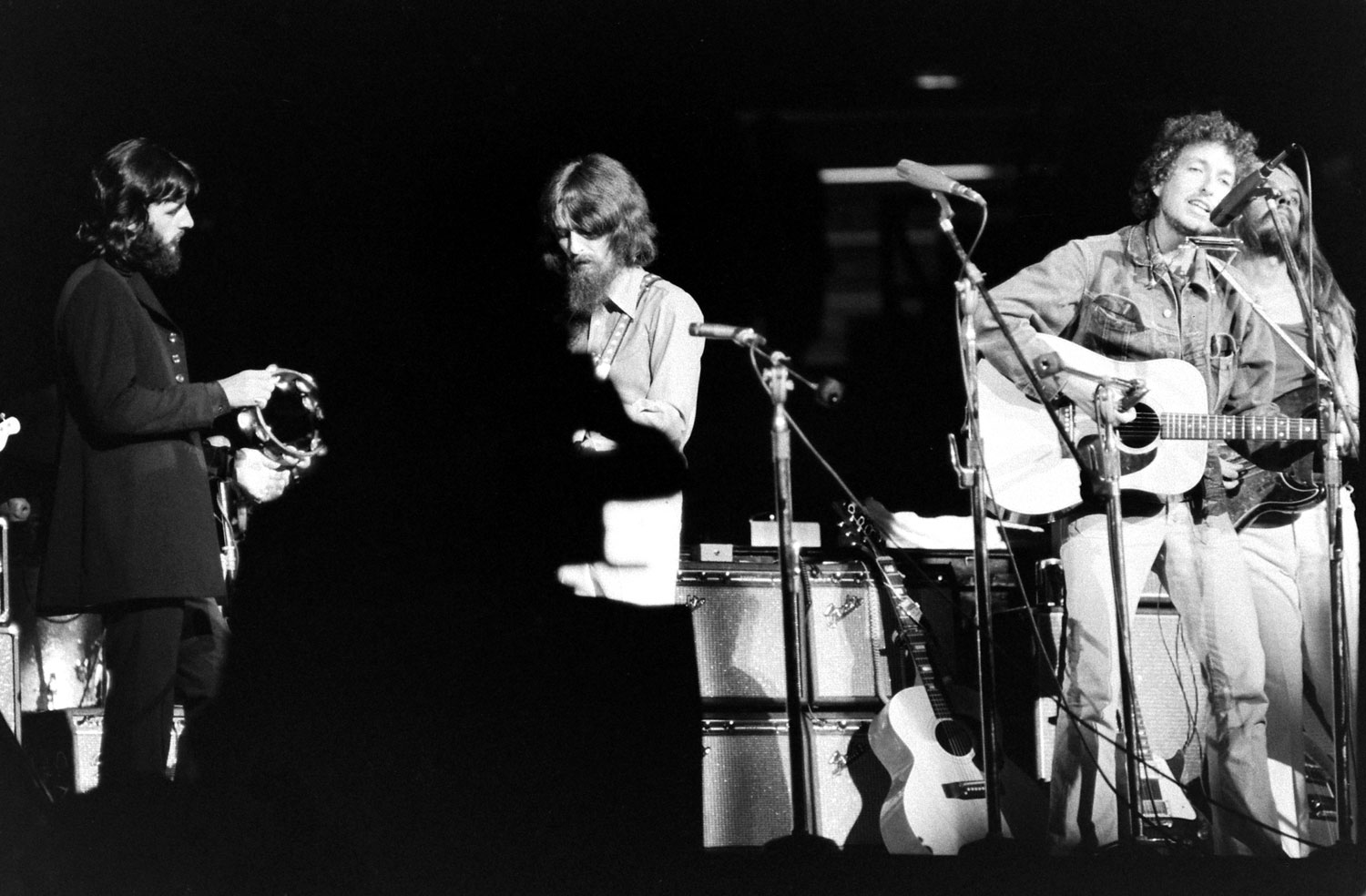 Ringo Starr, George Harrison, Bob Dylan, Leon Russell, the Concert for Bangladesh, Madison Square Garden, 1971.