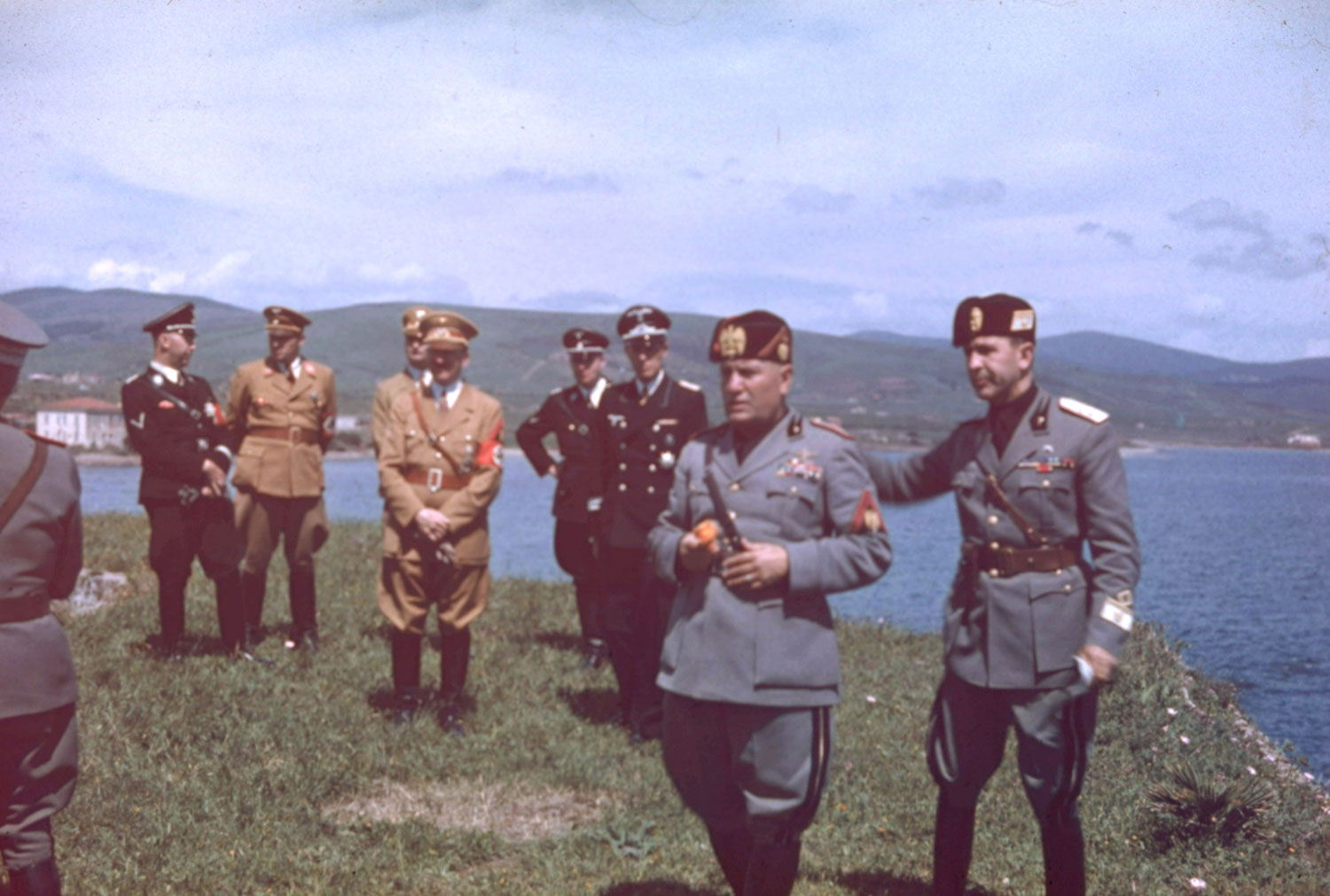 High-ranking Nazi and Italian Fascist officials, including Hitler and Mussolini, at Santa Marinella, Lazio, during Hitler's 1938 state visit to Italy.