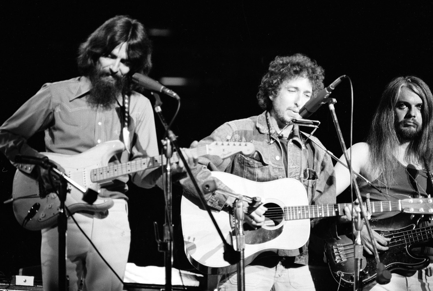 George Harrison, Bob Dylan, Leon Russell, the Concert for Bangladesh, Madison Square Garden, 1971.