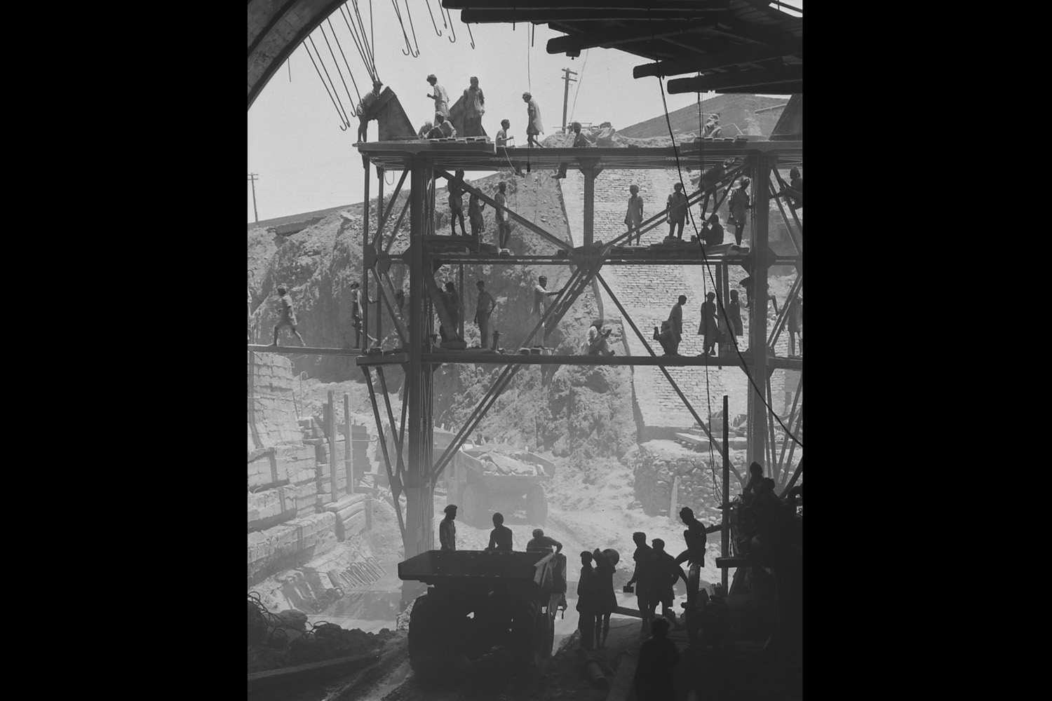 Bhakra Dam tunnel interior under construction, India, 1952.