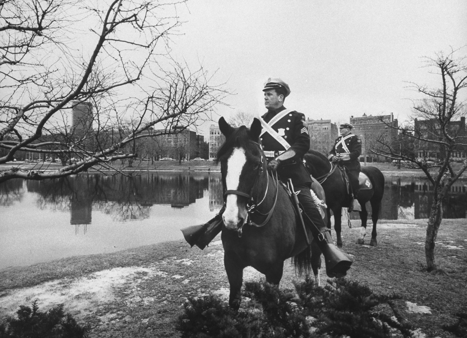 Boston mounted police on patrol in area of stranglings, 1963.
