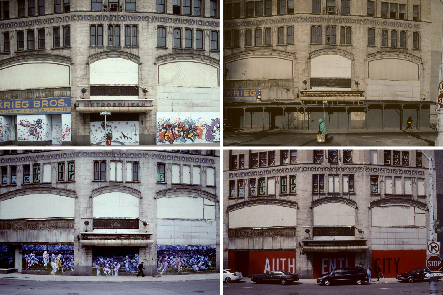 From top left: With traces of its former business, Metropolitan Building, detail, Farmer at John R. Sts., Detroit, 1993; Building looses its name, graffiti is painted over with grey paint by
                              the city, Metropolitan Building, detail, Farmer at John R. Sts., Detroit, 1998; Mural celebrating the Super Bowl, Metropolitan Building, detail, Farmer at John R. Sts., Detroit, 2006; Mural suggesting that decay gives Detroit an aura of Authenticity, Metropolitan Building, detail, Farmer at John R. Sts., Detroit, 2009.