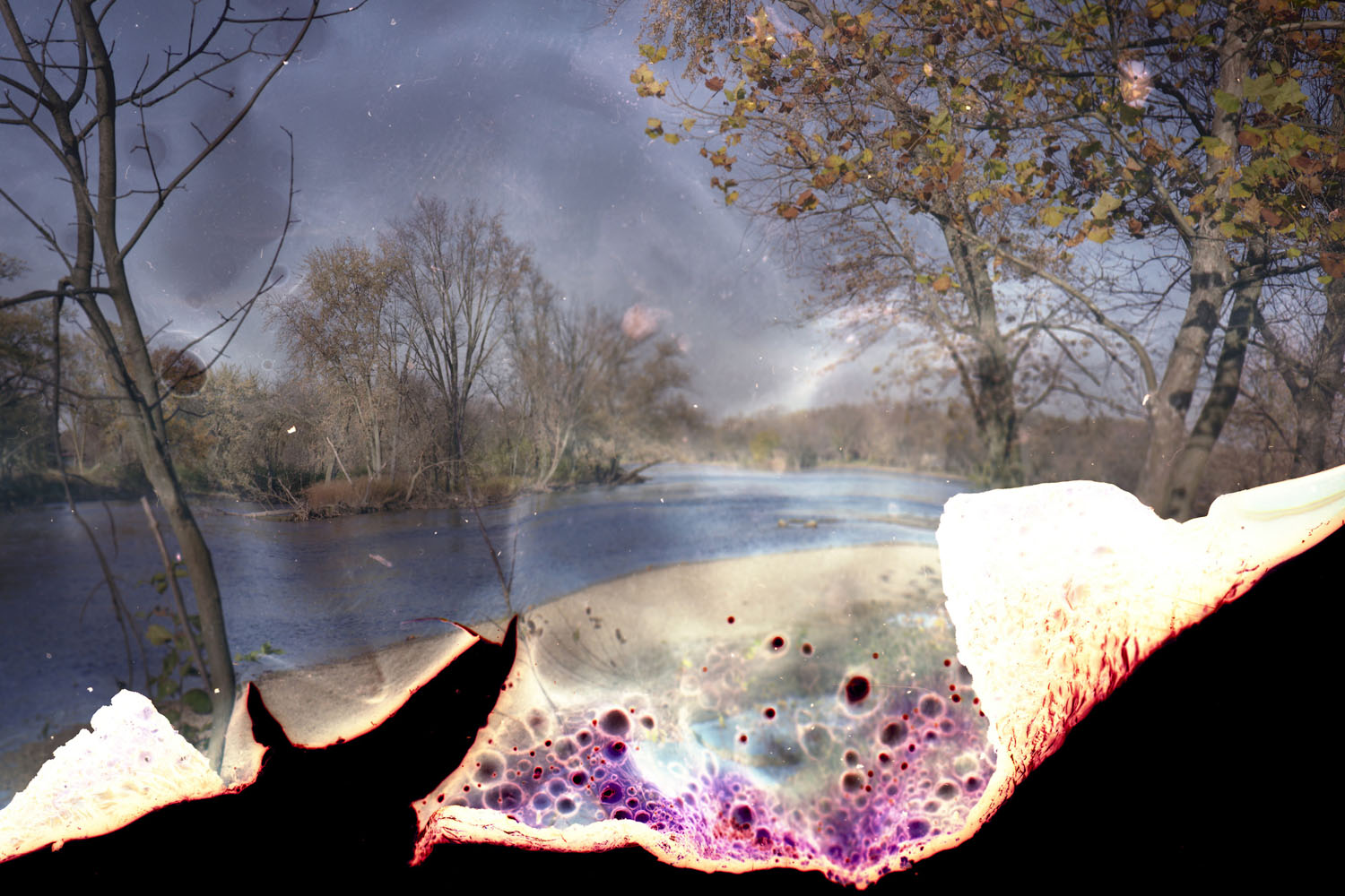 Untitled #3,  2010; from the series Fox River Derivatives. For his series on the themes of  water and oil,  inspired in part by the BP oil spill in the Gulf of Mexico, the artist coated these negatives of the Fox River near Chicago in gasoline and set them aflame.