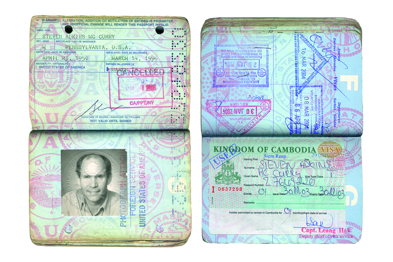 Photo page from McCurry’s Passport, 1996–2006 (l)
                              
                              
                              Cambodian Visa, 2003, from McCurry’s Passport (r)