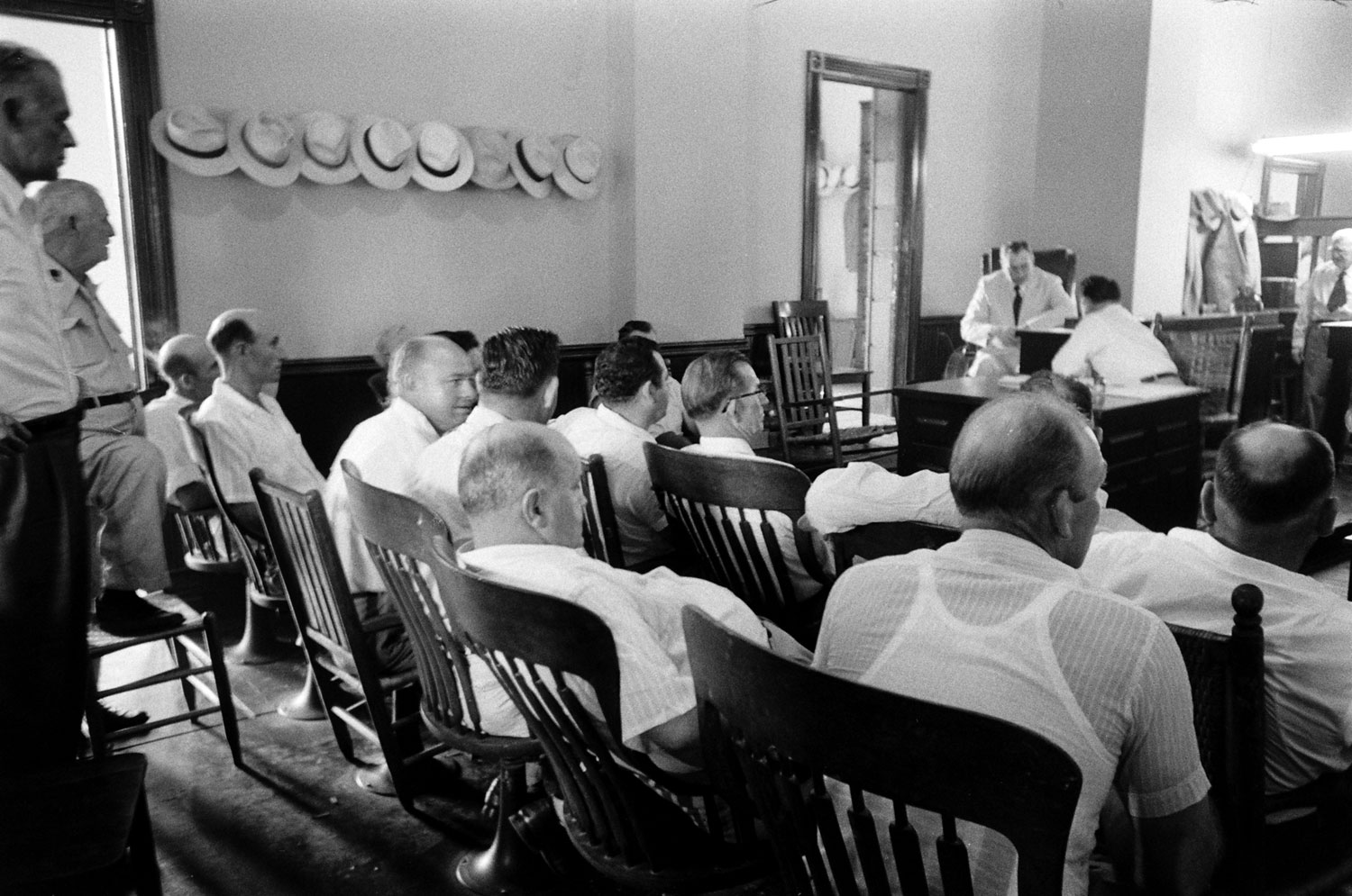 A scene during the trial of Roy Bryant and J.W. Milam for the kidnapping and murder of Emmett Till.
