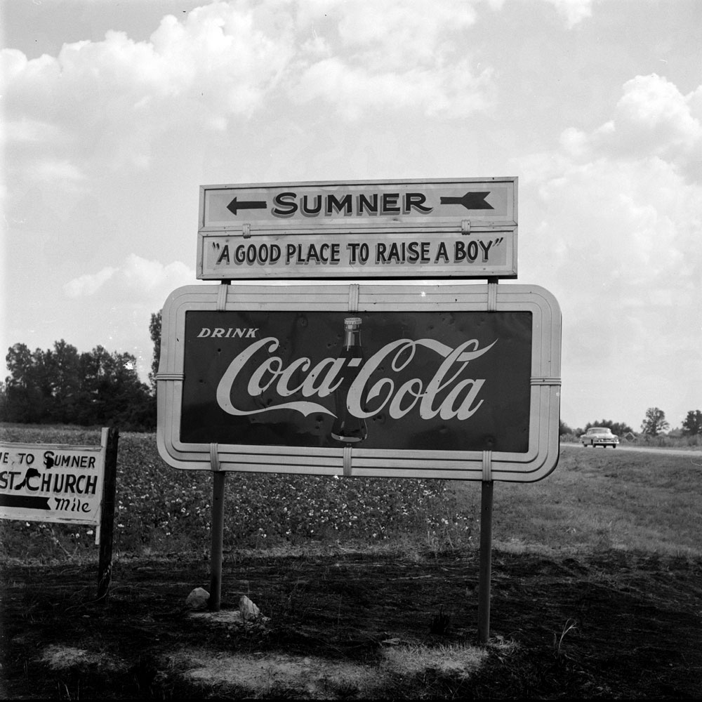 A sign in Sumner, Miss., site of the trial of Roy Bryant and J.W. Milam for the August 1955 kidnapping and murder of Emmett Till.
