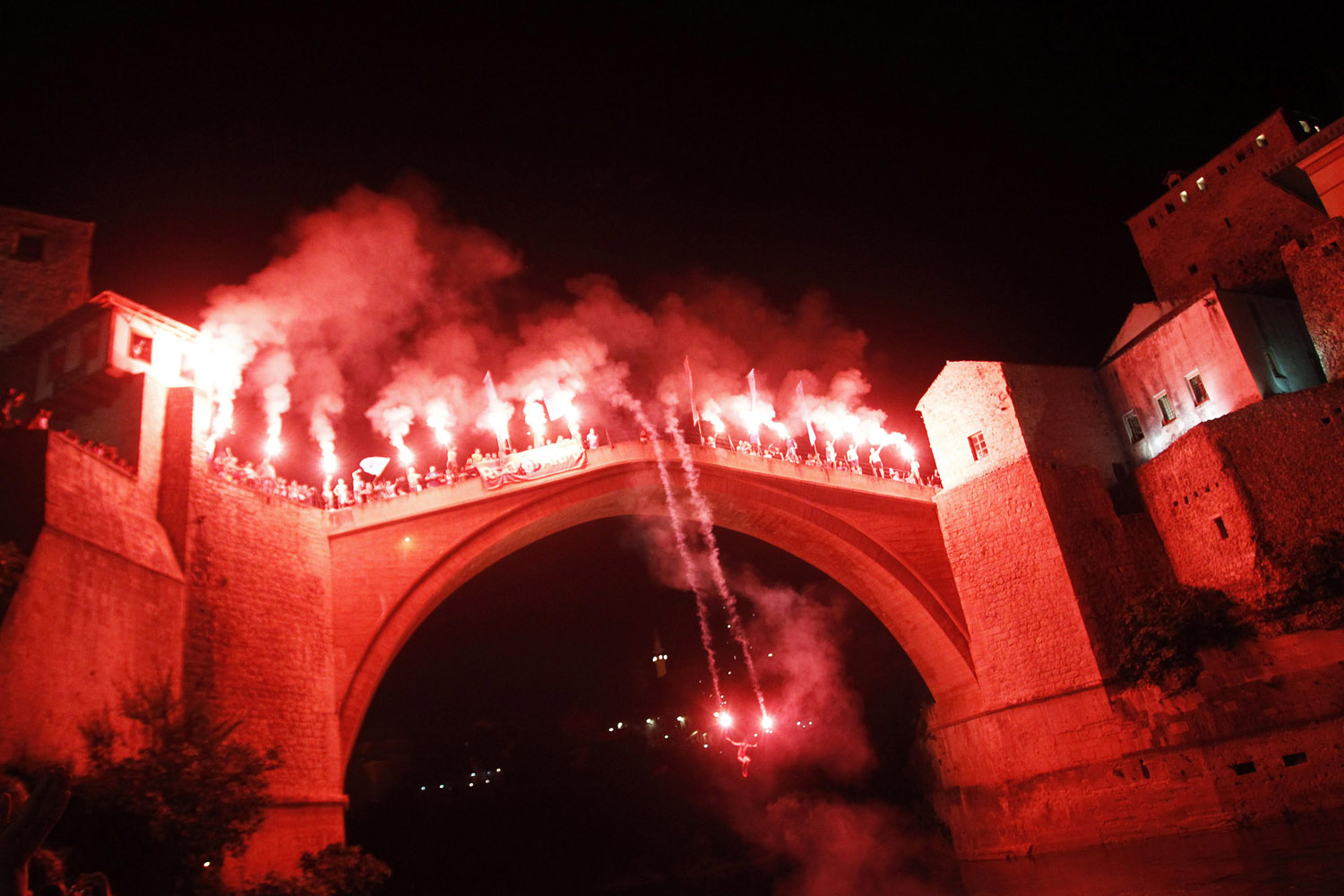 July 28, 2013. A man jumps from the Old Bridge in Mostar, Bosnia.