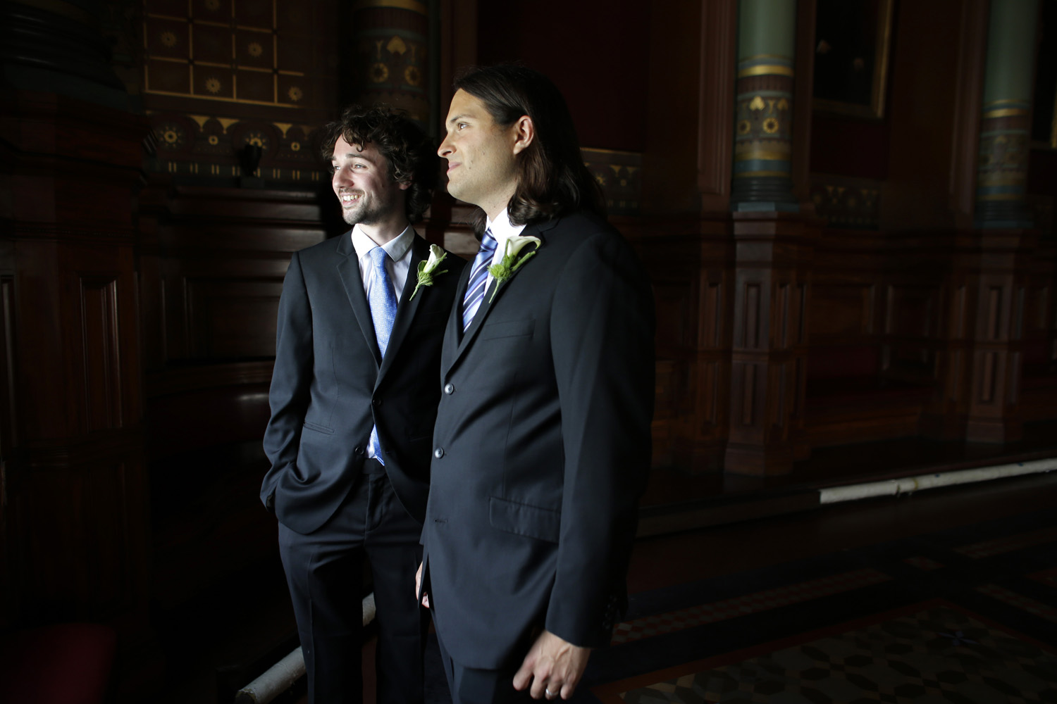 Aug. 1, 2013. Gary McDowell, left, and Zachary Marcus, right, both of Providence, R.I., wait in a meeting room at City Hall in Providence moments before their marriage ceremony.