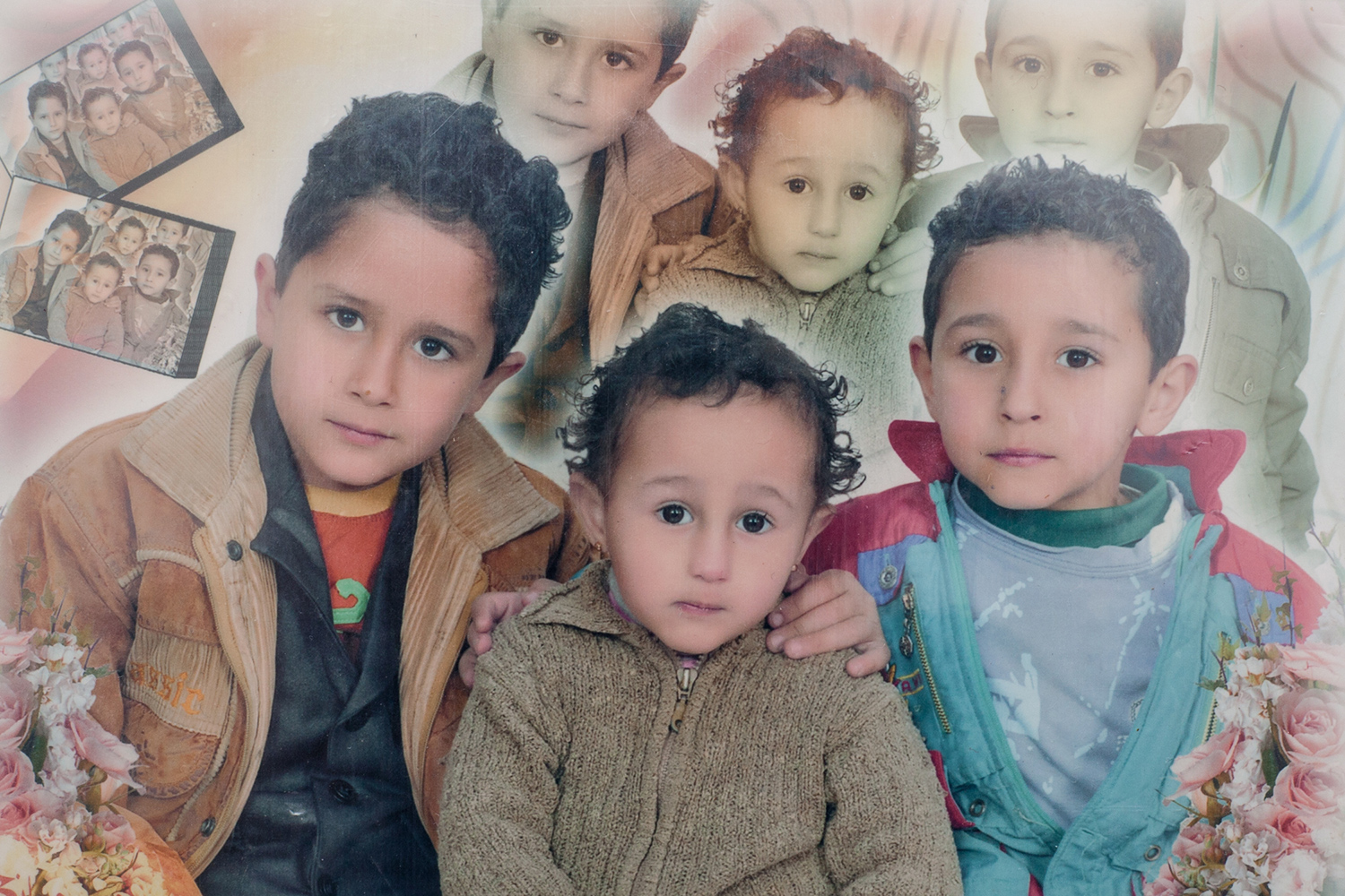 Siblings Aghyad, Hanin and Mohammad Ghassan Al-Jughmani in an old family photo that the family brought with them when they fled Dara'a, Syria, for Jordan.