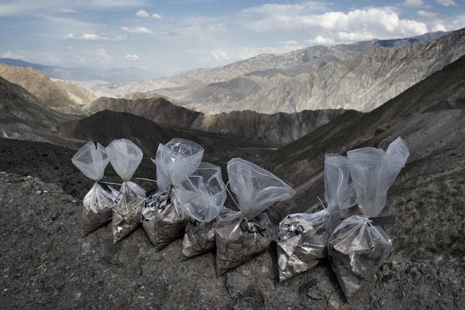 Baghlan province Afghanistan may 2013: Rock samples collected from an exploration site where Afghan Gold and Minerals is searching for gold in Baghlan province. The samples will be ground down and sent back to a laboratory in Kabul for analysis.