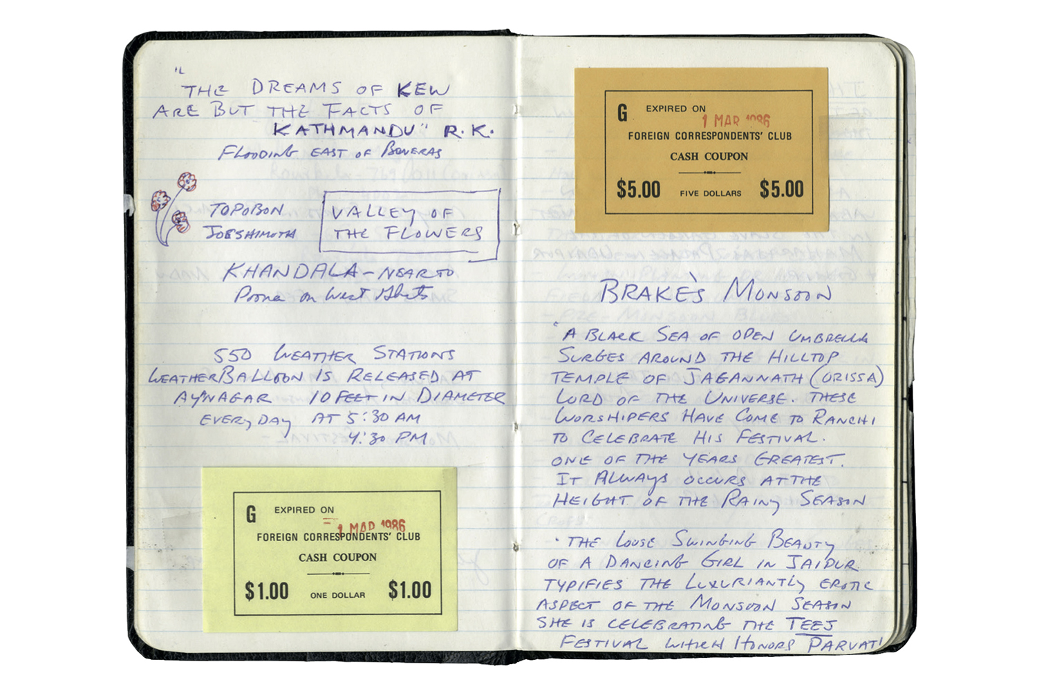 Cover and pages from McCurry’s ‘Monsoon’ journal, 1983