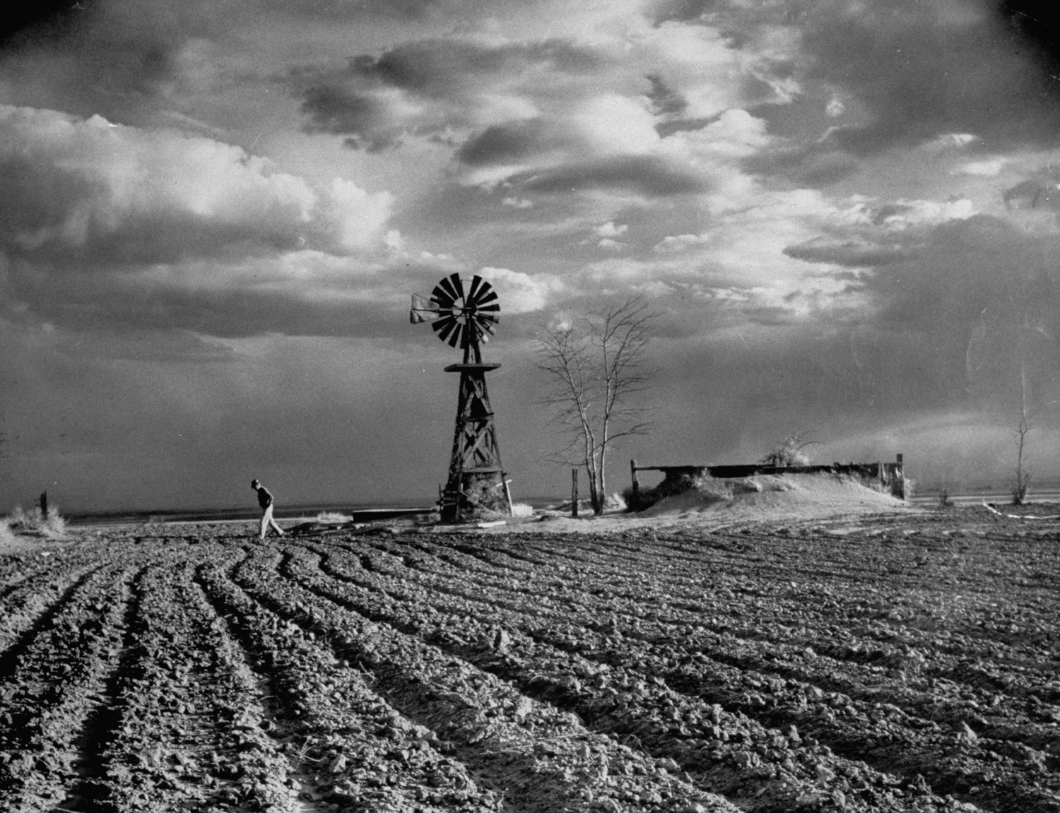 The threatening storm rises above a farm near Hartman, Colo. Once range land, it lies almost ruined by wheat. Dust-choked corral and pump are land's tombstones.