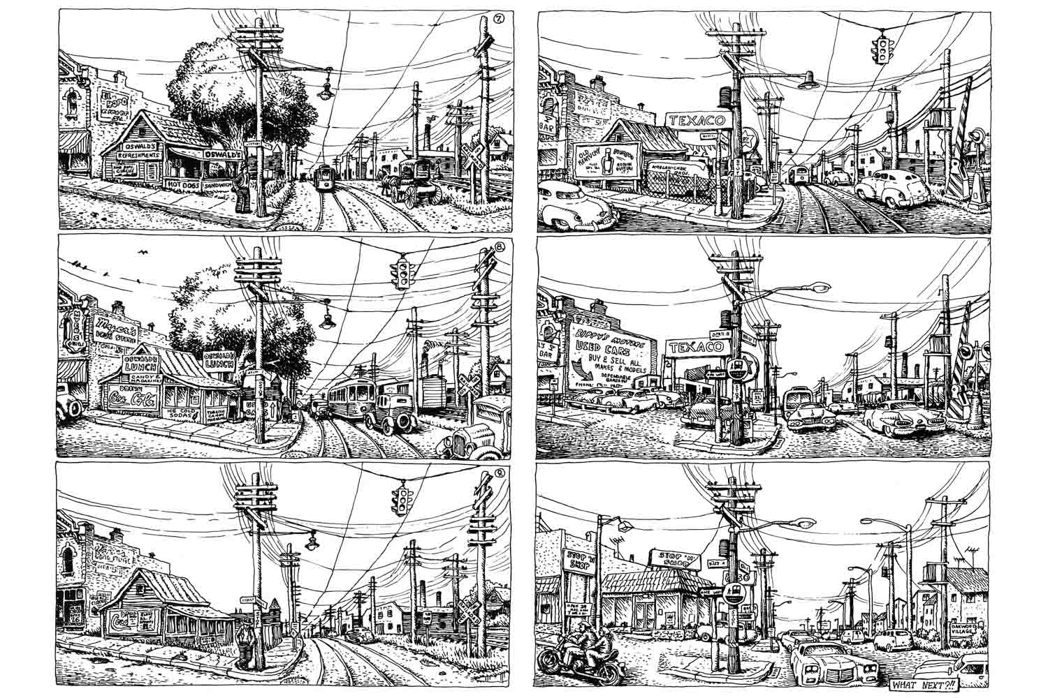 From A Short History of America, 1979 I had to always be drawing urban backgrounds in my work from memory and I had this realization that my memory was fixed in a kind of cartoon landscape of the 1920s, 30s, 40s. It's a kind of stereotype but the reality is very different in the modern world and you never see it.