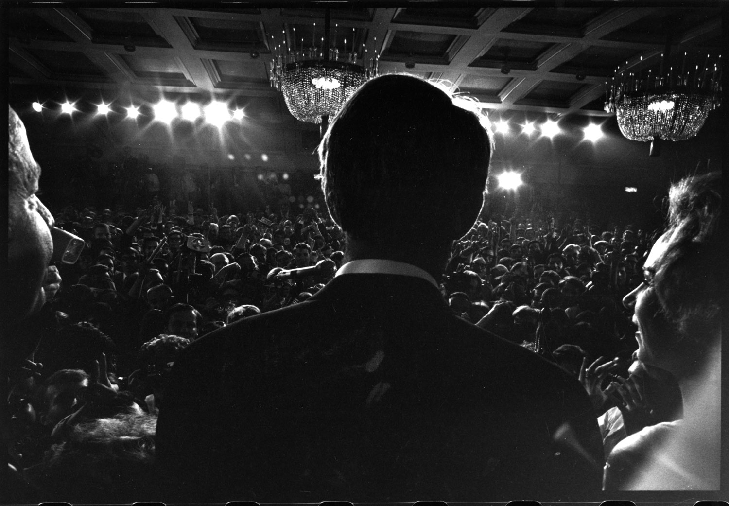 Sen. Robert Kennedy gives a speech at the Ambassador Hotel in Los Angeles before his assassination, June 1968.