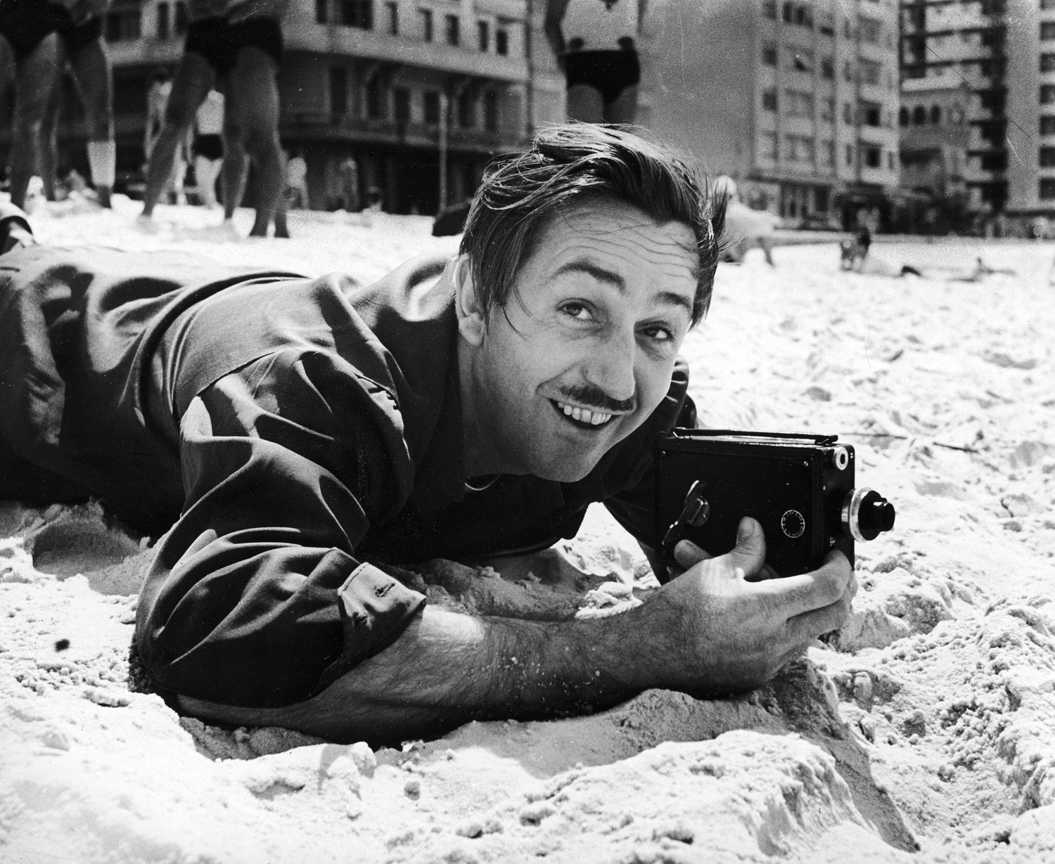 Walt Disney filming on a beach in Rio de Janeiro, Brazil, 1941.