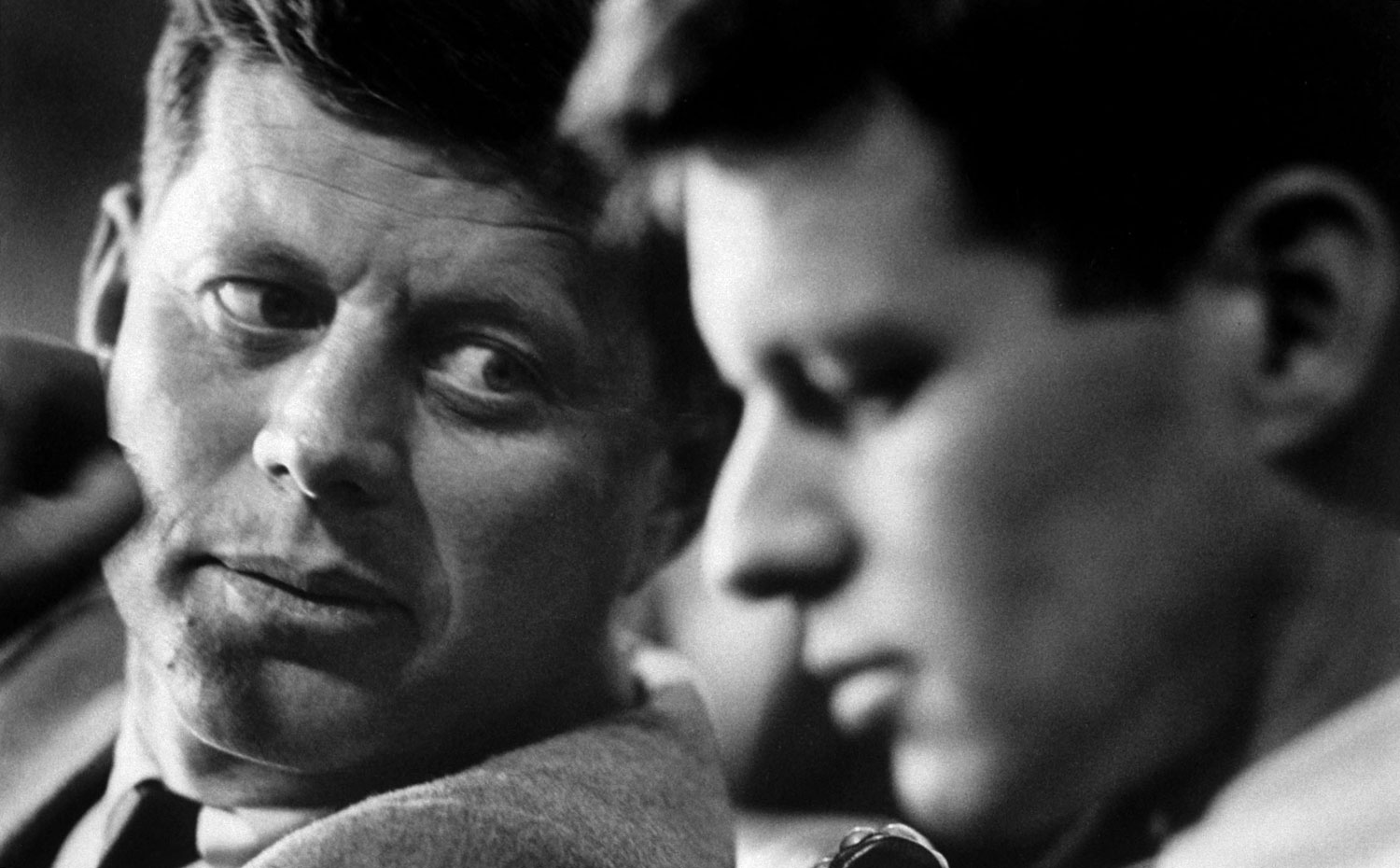 John and Robert Kennedy at a hearing of a Senate select committee on labor racketeering, 1957.