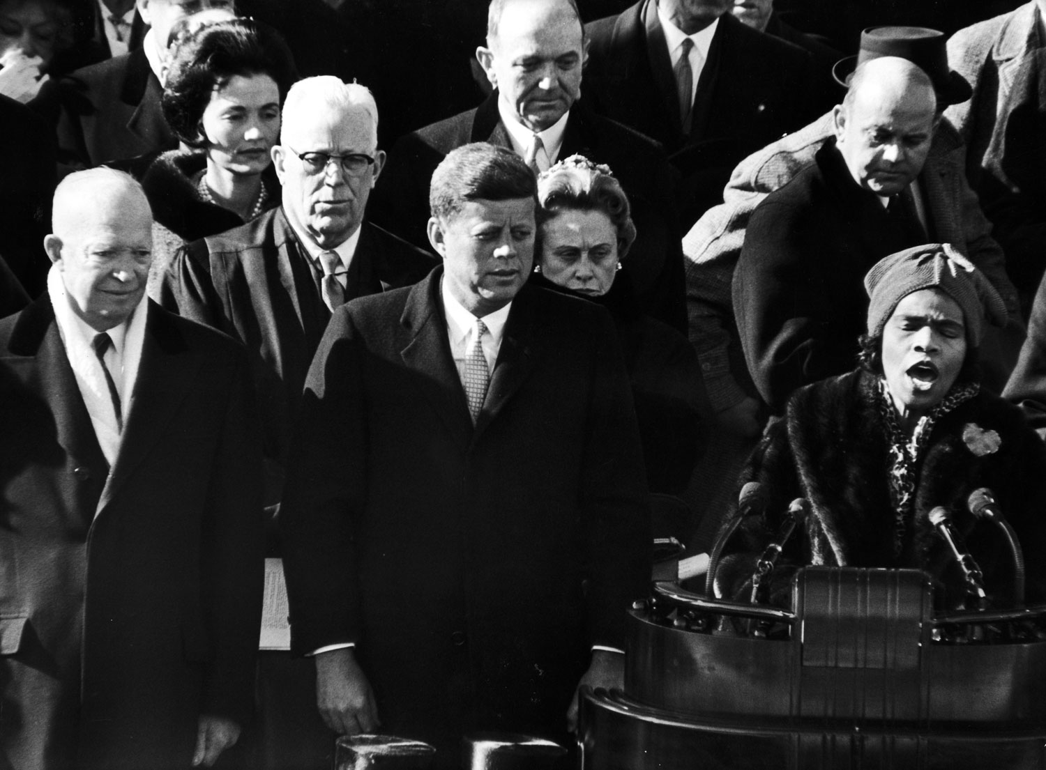 Marian Anderson sings at President John F. Kennedy's inauguration, 1961.