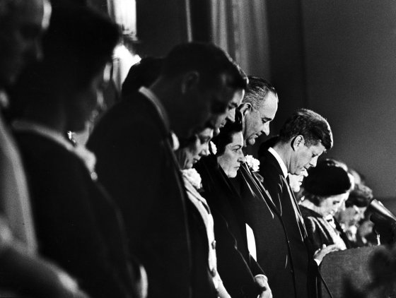 President John Kennedy, Jackie Kennedy, Vice President Lyndon Johnson and others at a Chamber of Commerce breakfast in Fort Worth, Texas, Nov. 22, 1963.