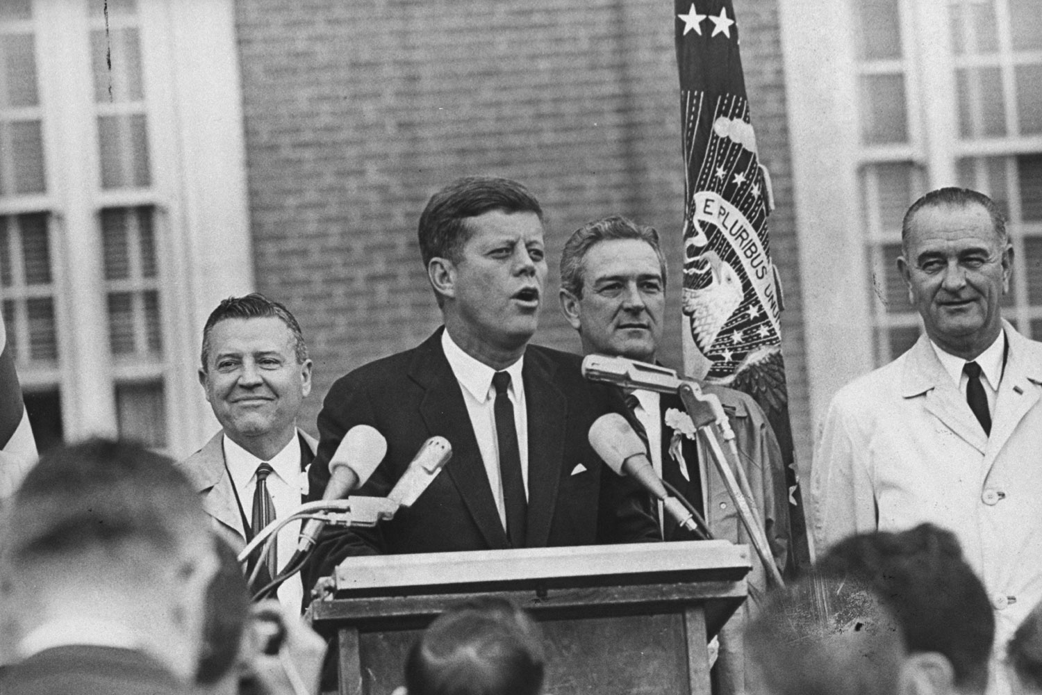 President John Kennedy delivers a brief speech outside the Hotel Texas in Fort Worth, Nov. 22, 1963, shortly before flying to Dallas.