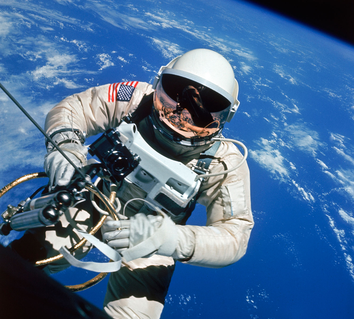 Edward White, the first American to walk in space, photographed by commander James McDivitt during NASA's Gemini 4 mission, June 1965.