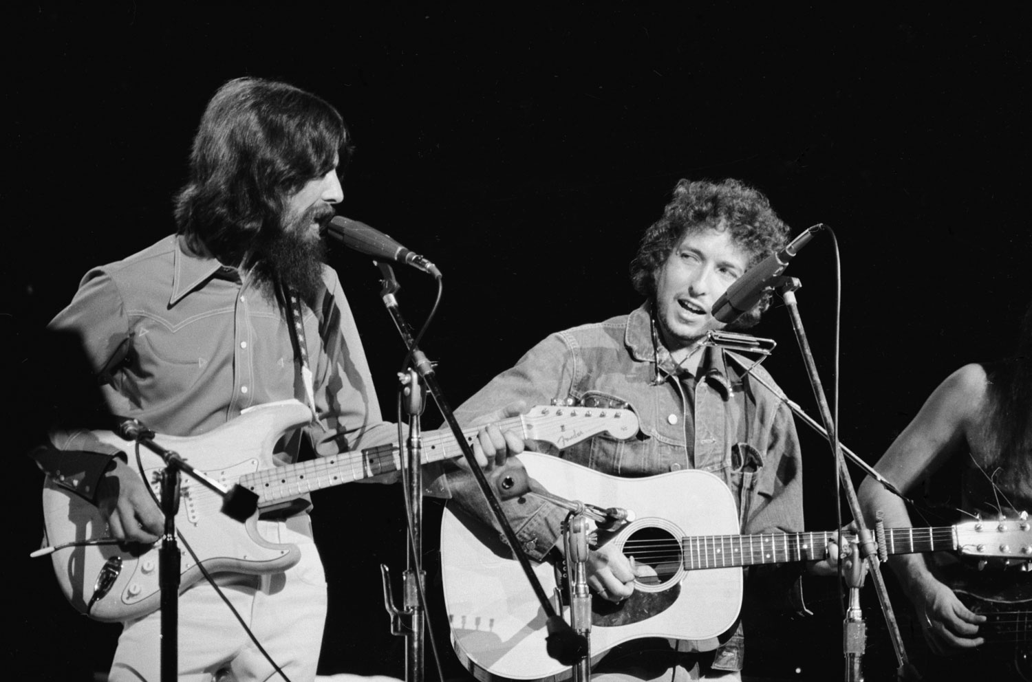 George Harrison and Bob Dylan at the Concert for Bangladesh in New York, 1971.