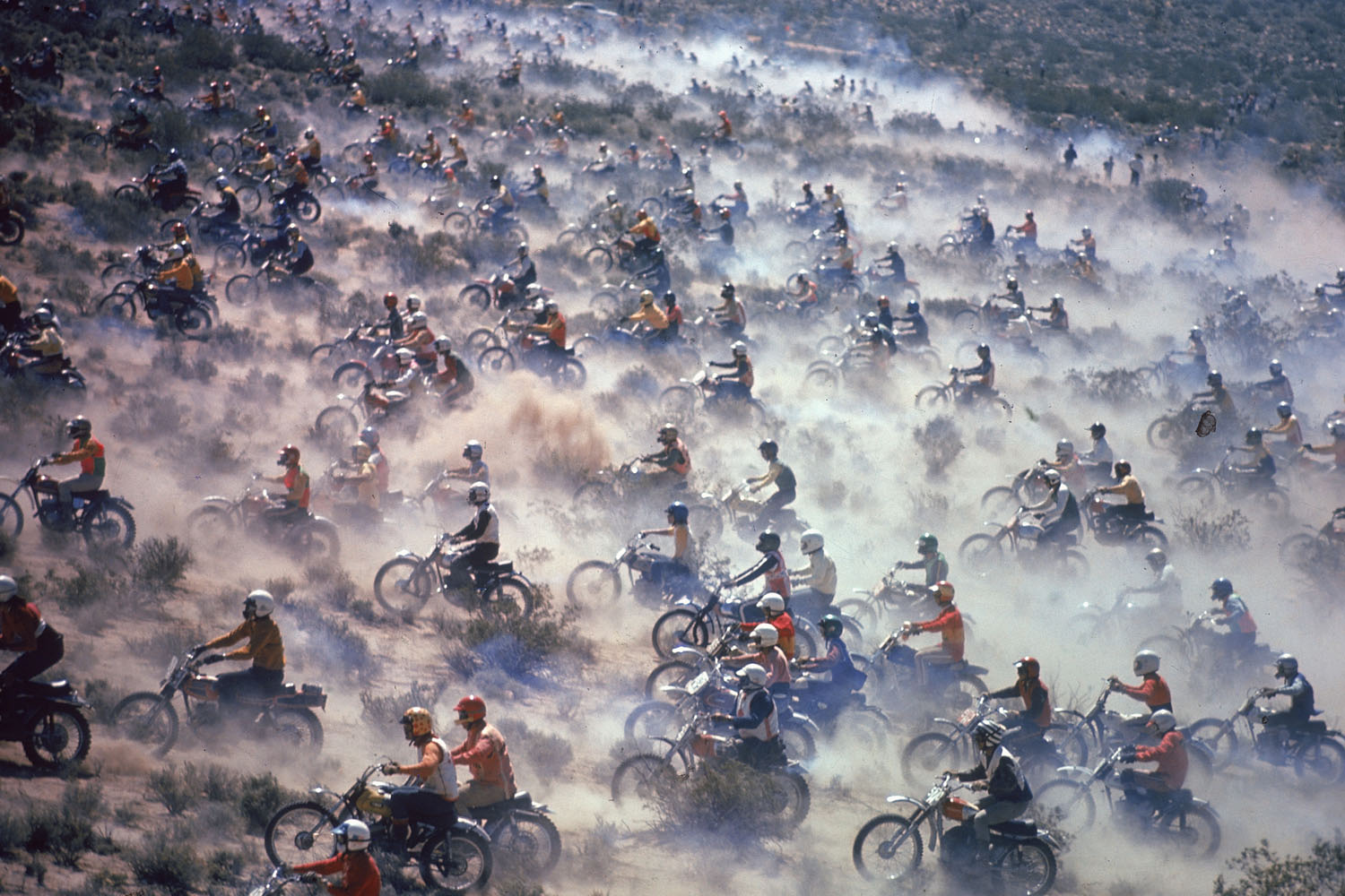 An aerial view of contestants in the Mint 400 Motocross endurance race through the Mojave Desert, Nevada, September 1971.