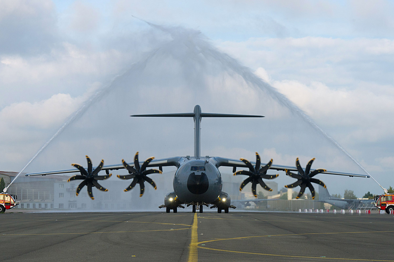 Sept. 30, 2013. The new French air force military transport Airbus A 400M is welcomed by fire engines at the military airbase BA 123 in Saint-Jean-de-la-Ruelle near Orleans, France as part of an official presentation.