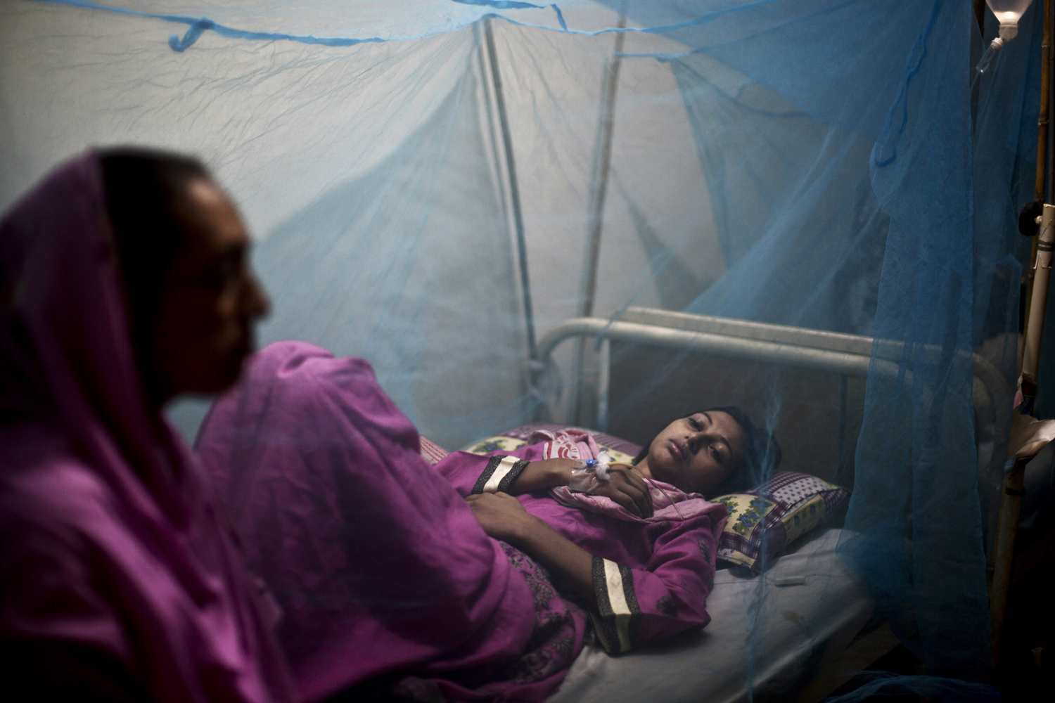 Oct. 24, 2013. A Pakistani woman, looks after her daughter suffering from the mosquito-borne disease, dengue fever, while laying in bed covered with a net at an isolation ward of a hospital in Rawalpindi, Pakistan.