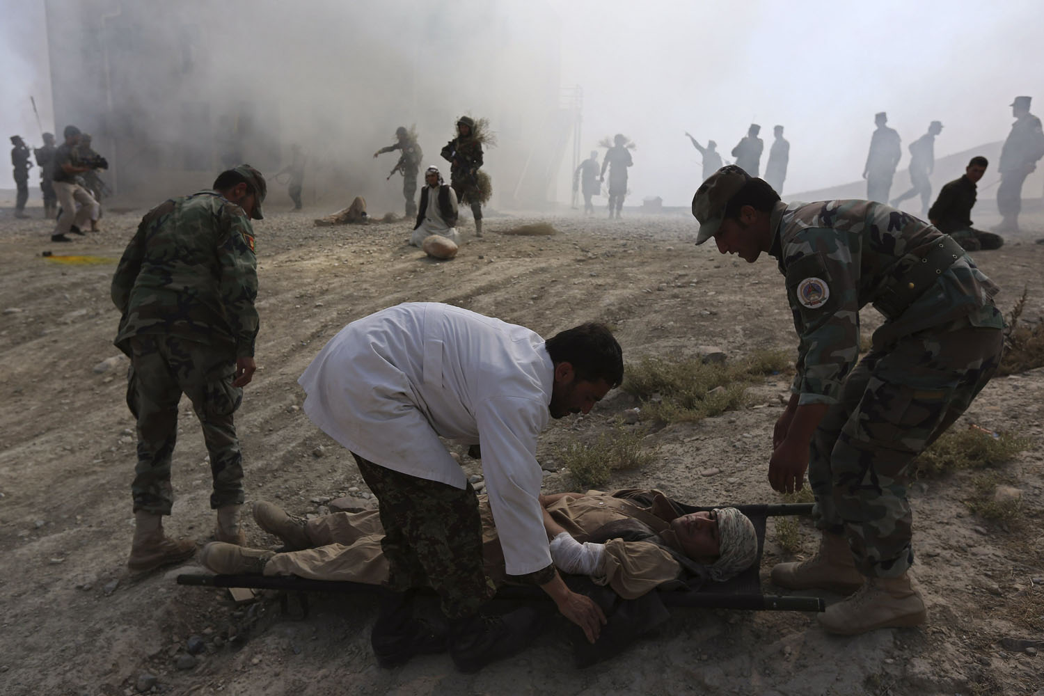 Afghan National Army officers take part in a training exercise at the Kabul Military Training Centre