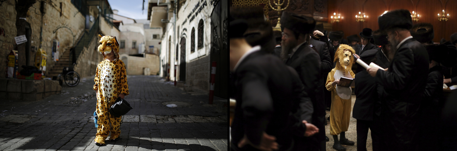 Ultra-orthodox Jewish boy wears a costume ahead of  Purim in Jerusalem's Mea Shearim neighbourhood