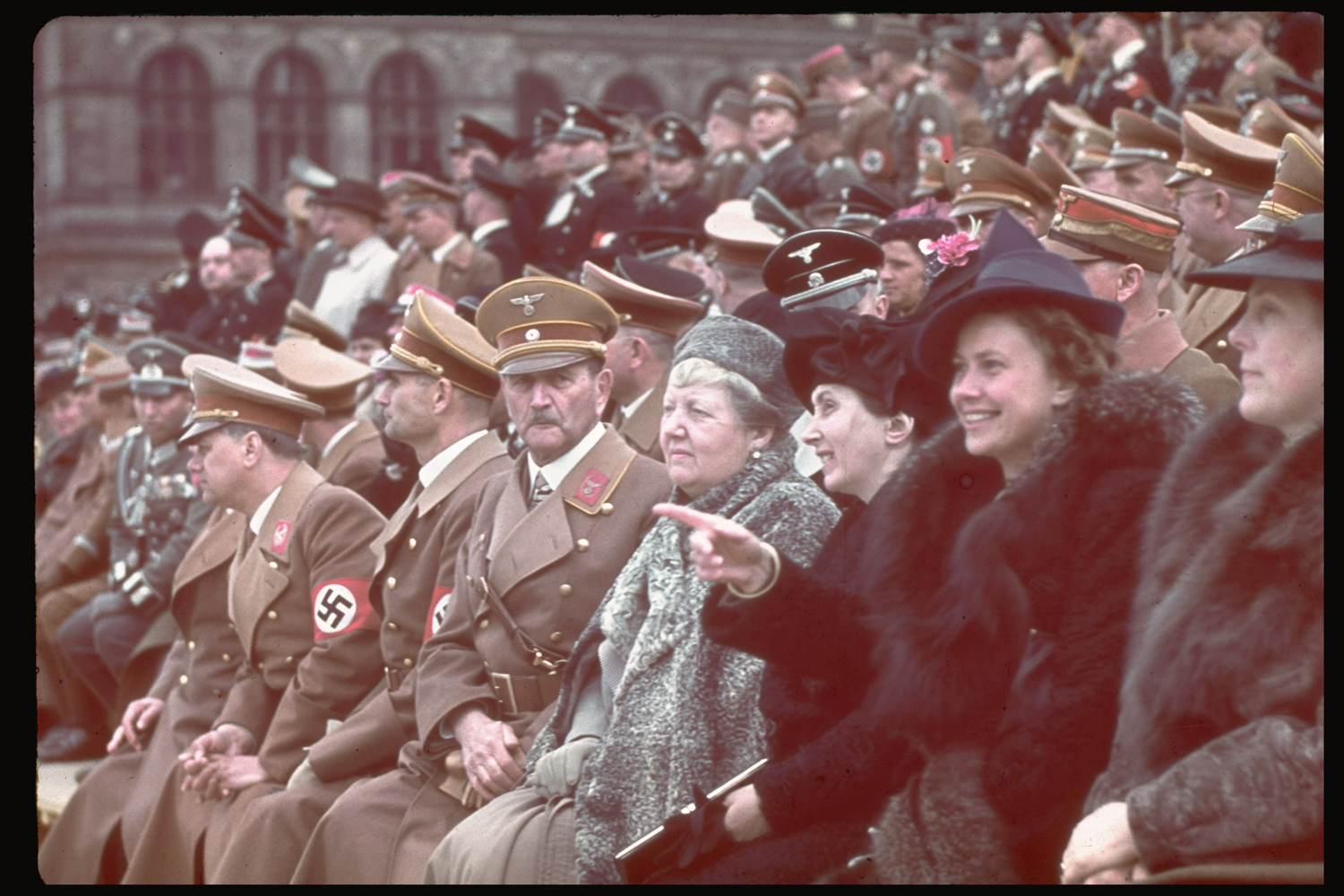 Guests of honor at a military demonstration for Hitler's 50th birthday celebration in Berlin.